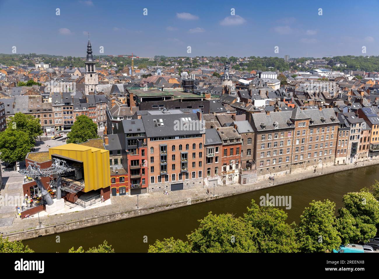 Funiculaire Centre-Ville station, gondola station and rows of houses on the Sembre river in the city centre, Namur, Wallonia, Belgium Stock Photo