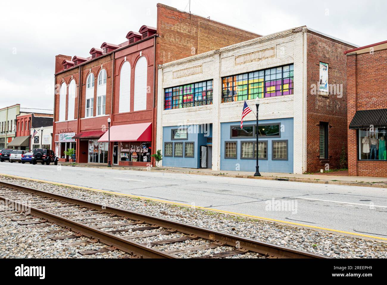 Commerce town city restored historic downtown business district,railroad track
