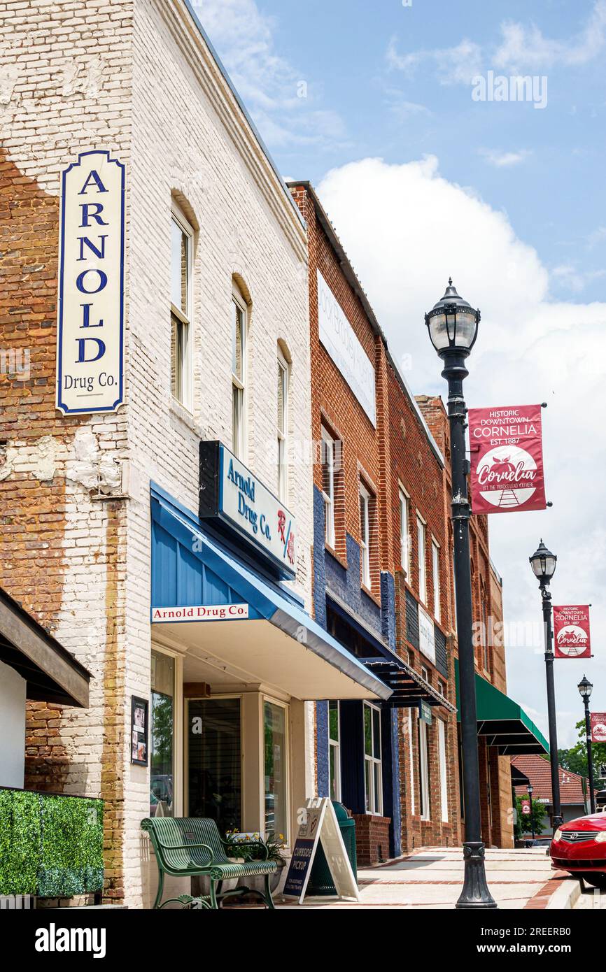 Cornelia Georgia,small town city,renovated buildings historic downtown business shopping dining district,outside exterior,front entrance,old fashioned Stock Photo