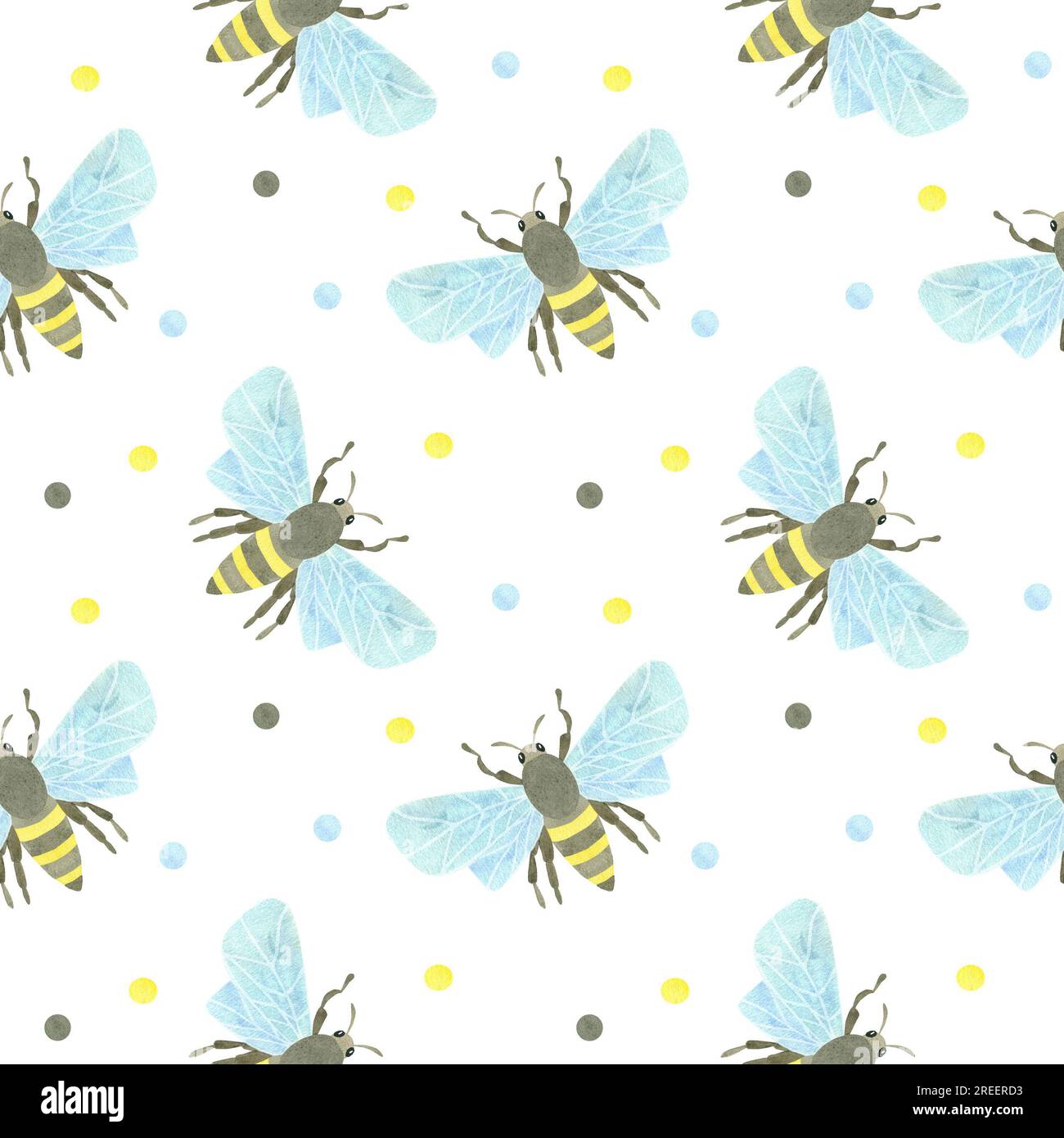 Seamless pattern with honey bees and multicolored watercolor spots on a ...