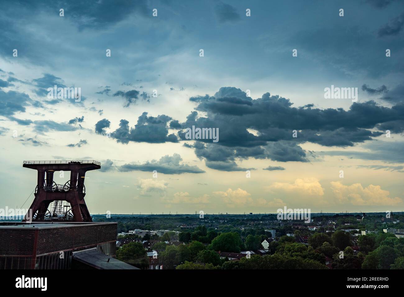 Zollverein colliery, rainy day, view of the double trestle winding tower of shaft XII, through rain-soaked panes, Essen, NRW, Germany, Stock Photo