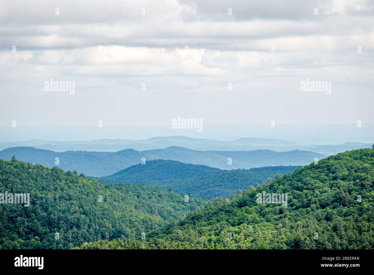 Sky Valley Georgia,Blue Valley Overlook Nantahala National Forest,panoramic view distant tree covered ridges,Appalachian Blue Ridge Mountains Stock Photo