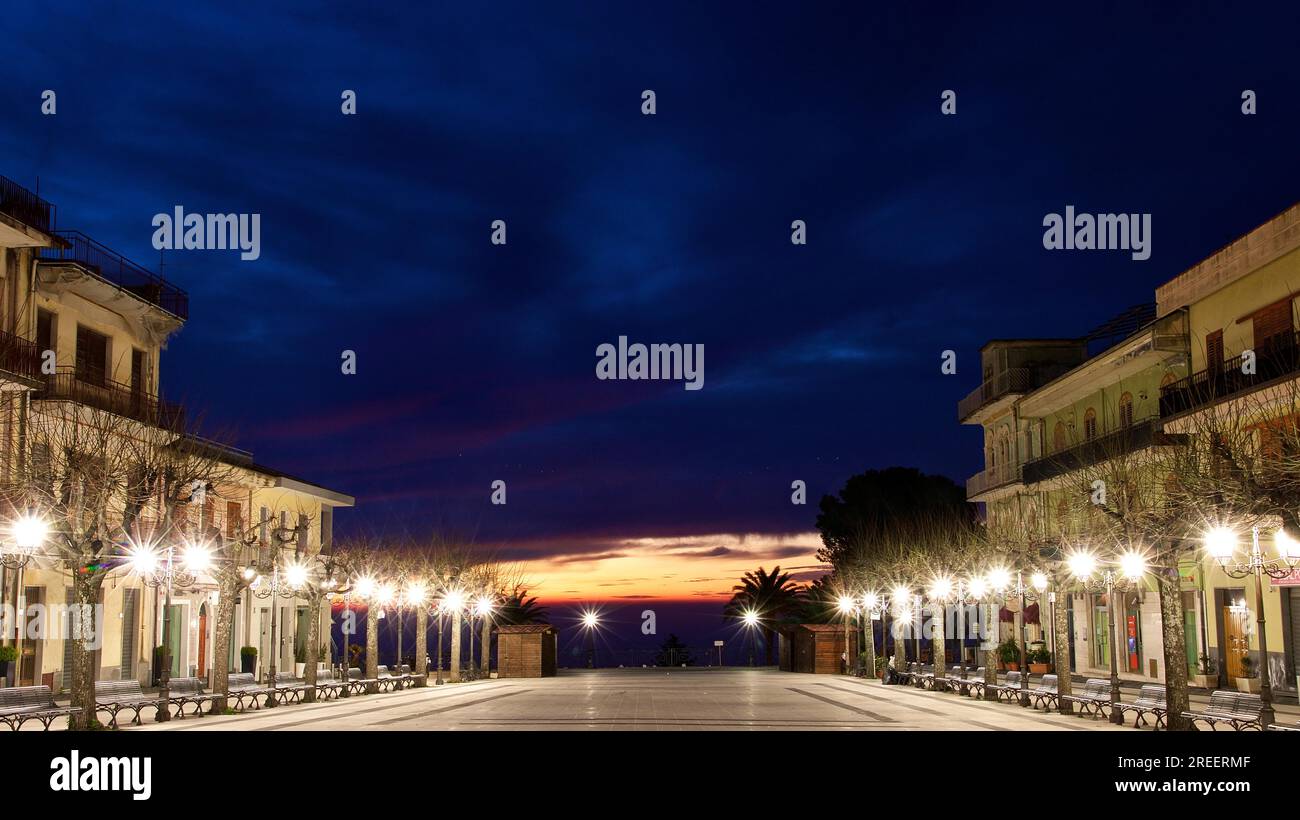 Zafferana Etnea, market place, lanterns, artificial lighting, dark blue night sky, dawn, Etna, volcano, eastern Sicily, Sicily, Italy Stock Photo