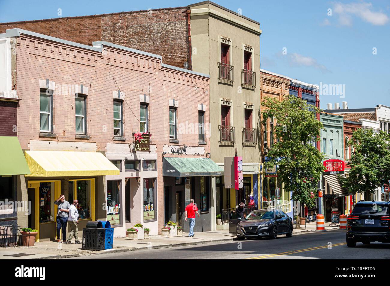 Asheville North Carolina,shopping business district,restored preservation local history,historic buildings downtown,outside exterior,pedestrians stree Stock Photo