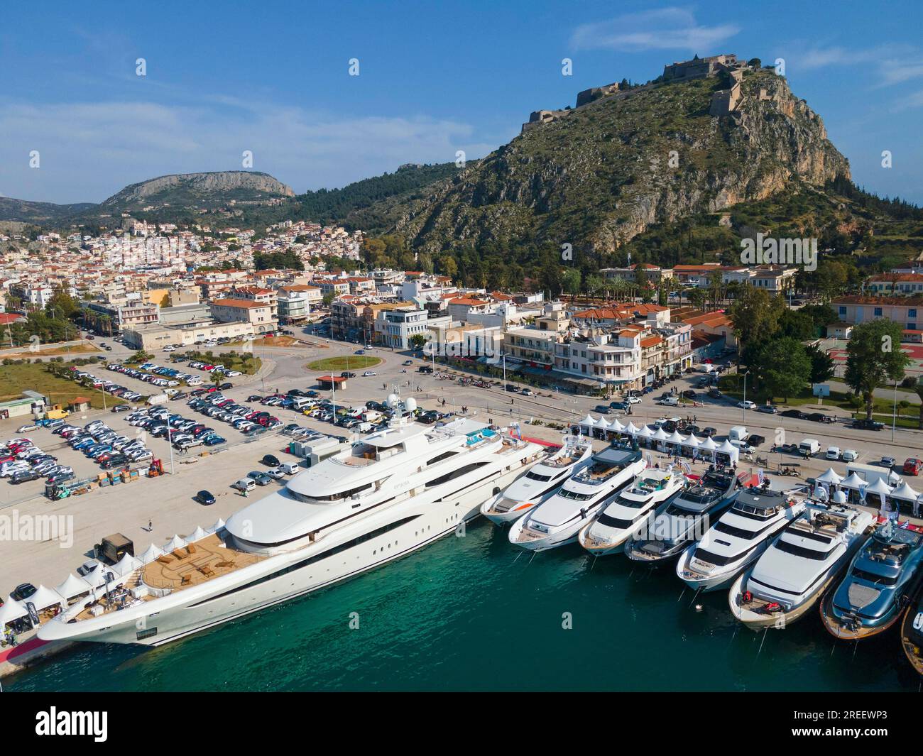 Aerial view, Mediterranean yacht show, harbour, old town and Palamidi fortress, Nafplio, Nauplia, Nauplion, Nafplion, Argolis, Argolic Gulf Stock Photo