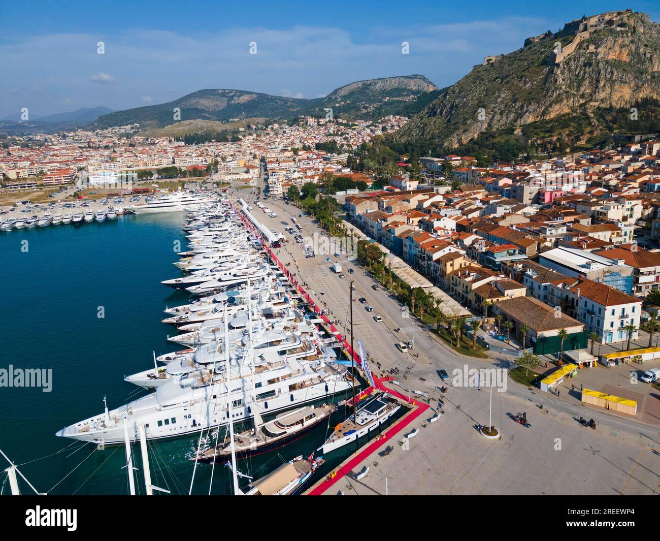 Aerial view, Mediterranean Yacht Show, harbour, Nafplio, Nauplia, Nafplion, Argolis, Argolic Gulf, Peloponnese, Greece, good weather, sea Stock Photo
