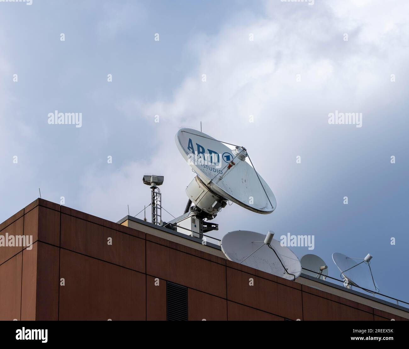 Satellite dish on the roof of the ARD capital office, Berlin, Germany Stock Photo