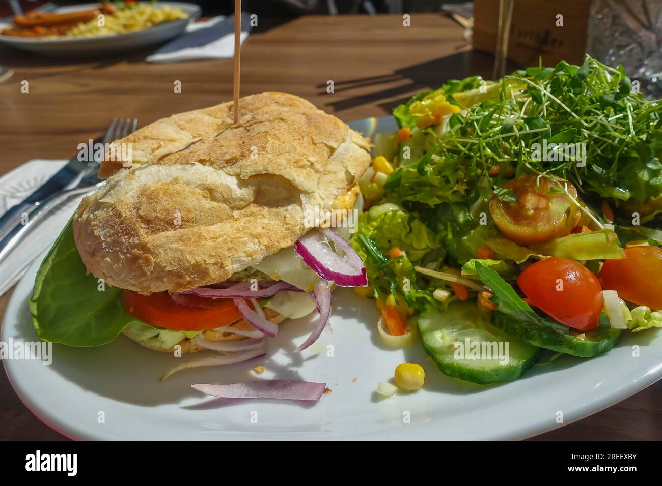 Vegetarian cuisine, alpine pasture burger, plant-based burger, bun filled with vegetables. healthy, lettuce, tomato, red onions, hearty, veggie Stock Photo