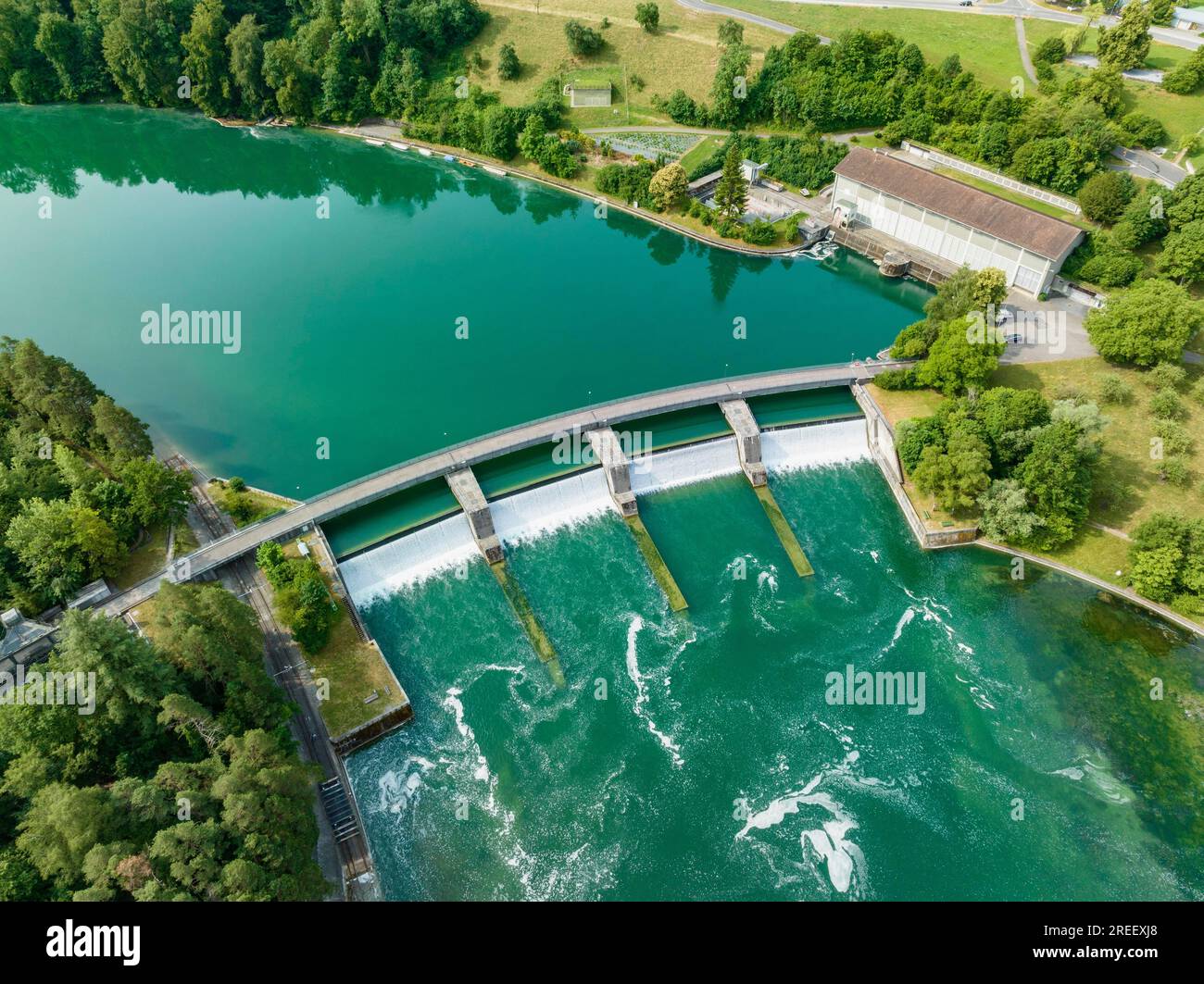 Aerial view of the Rheinau hydroelectric power plant power station and