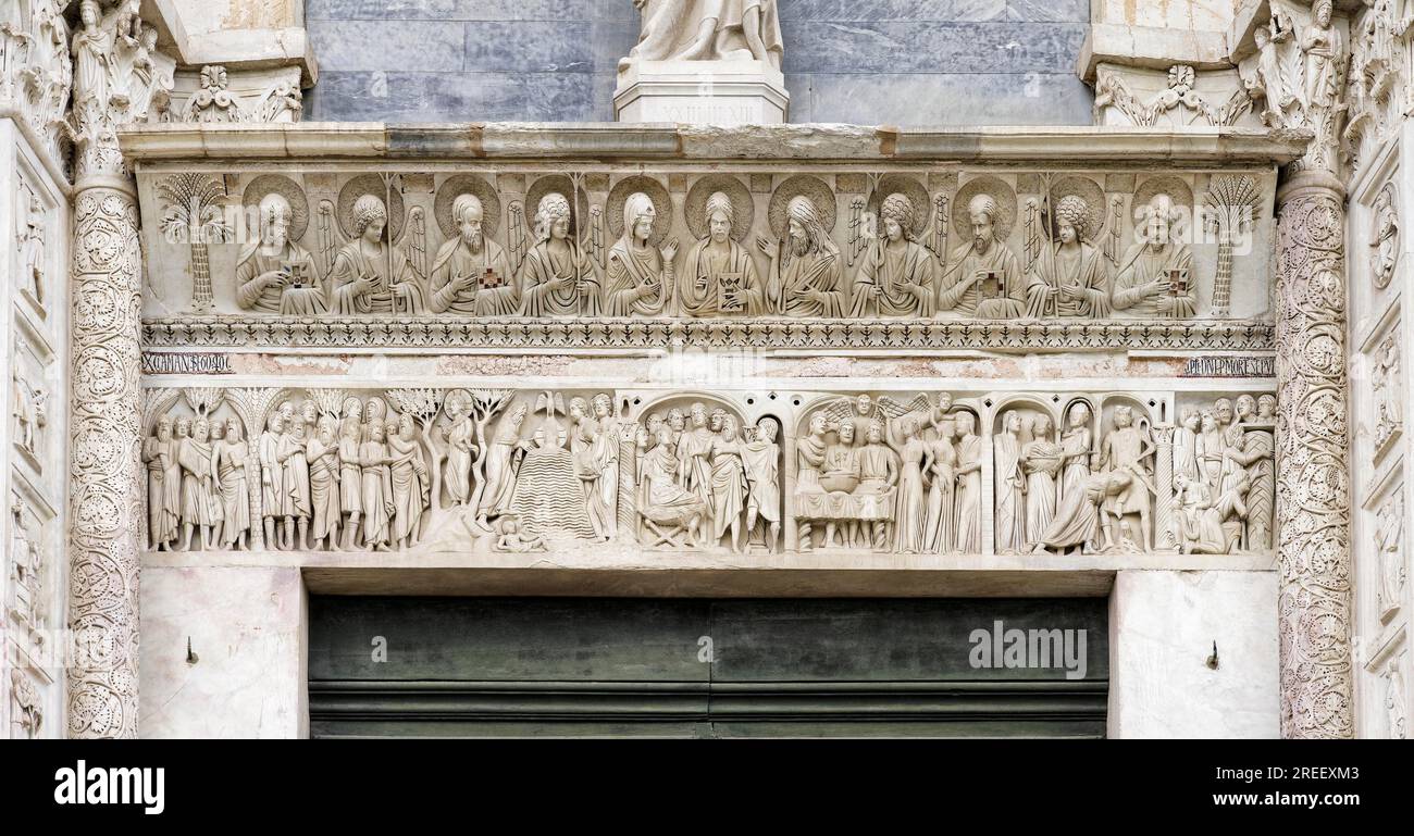 Architrave with Jesus Christ, Marie, four evangelists, angels, including scenes from the life of John the Baptist, main portal Baptistery, Battistero Stock Photo
