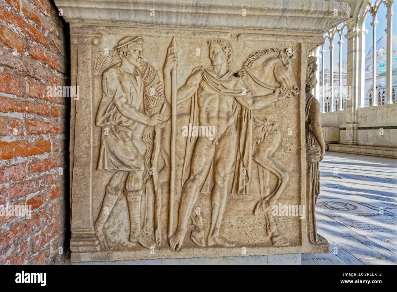 Side view, Roman Phaedra Hippolytus sarcophagus, Sarcofago romano, Fedra e Ippolito, 2nd c., Antiquity, Camposanto Monumentale, Miracles Square Stock Photo