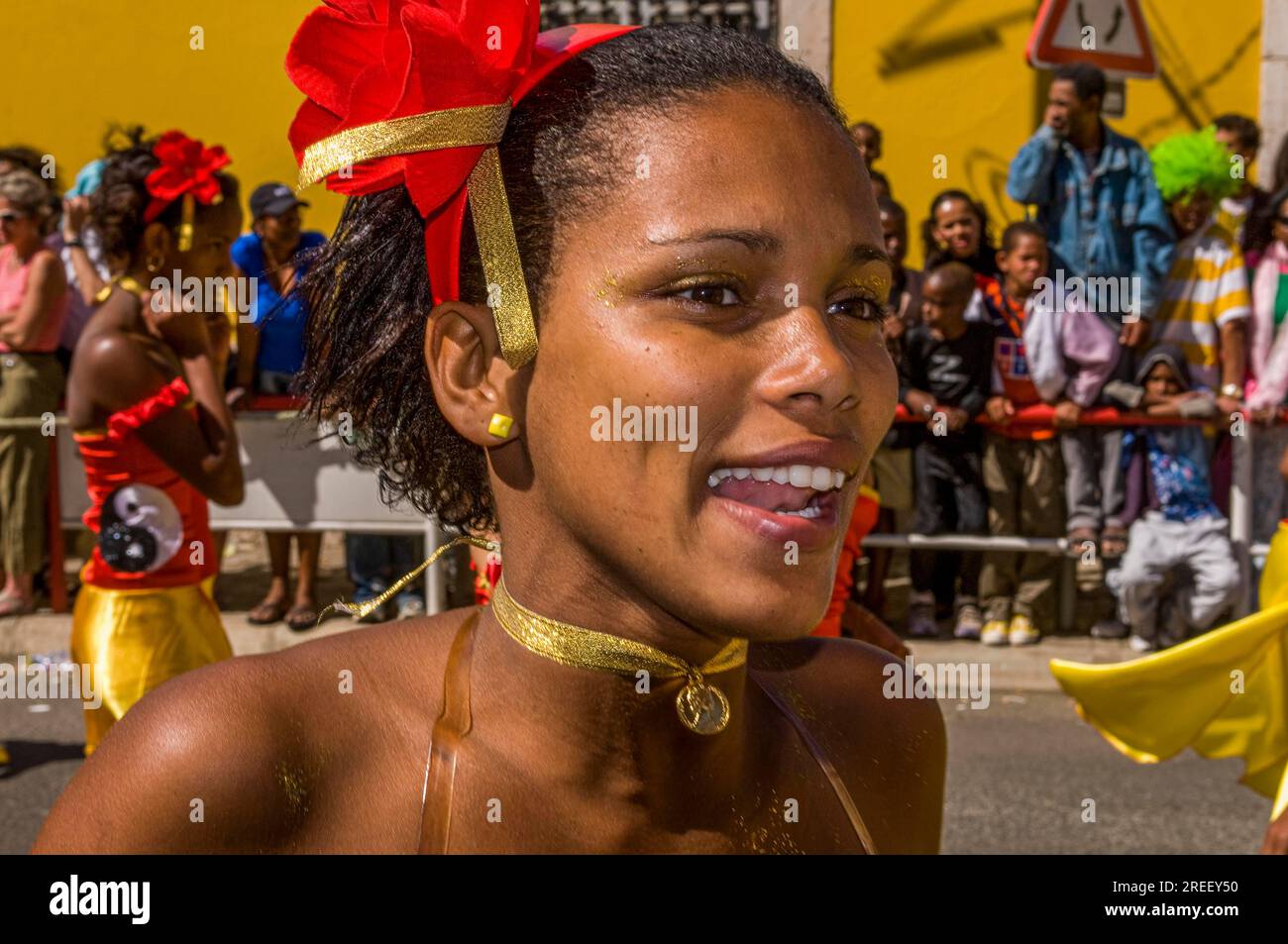 Portrait of colourful costumed, pretty woman. Carnival. Mindelo. Cabo Verde. Africa Stock Photo
