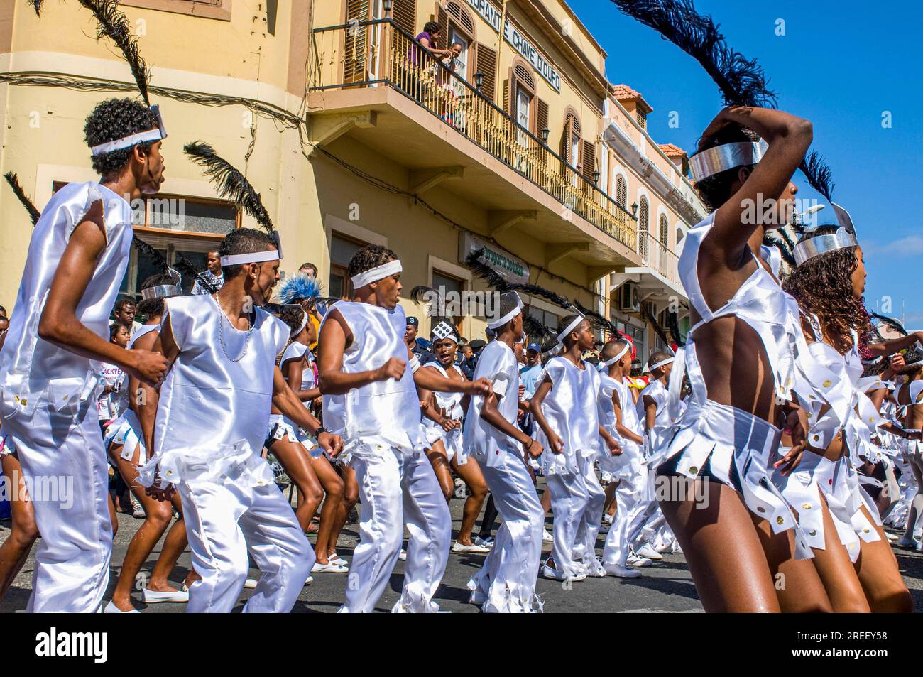 Costumed people celebrating Carnival. Mindelo. Cabo Verde. Africa Stock Photo