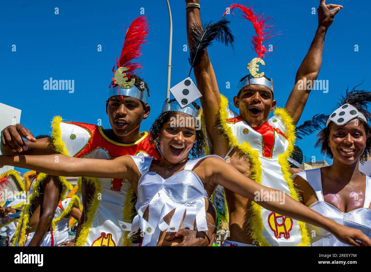 Costumed people celebrating Carnival. Mindelo. Cabo Verde. Africa Stock Photo