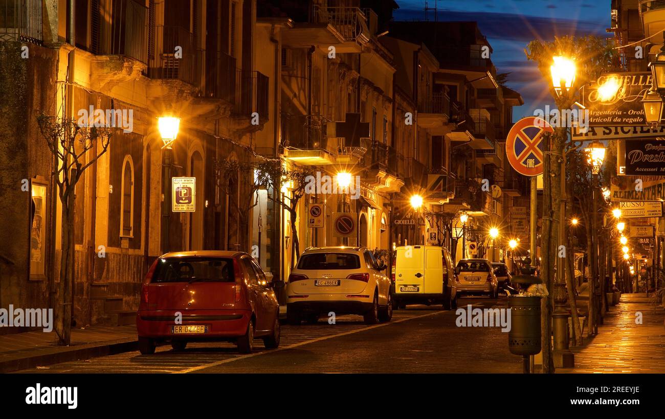 Zafferana Etnea, Artificial street lighting, Dawn, Etna, Volcano, Eastern Sicily, Sicily, Italy Stock Photo