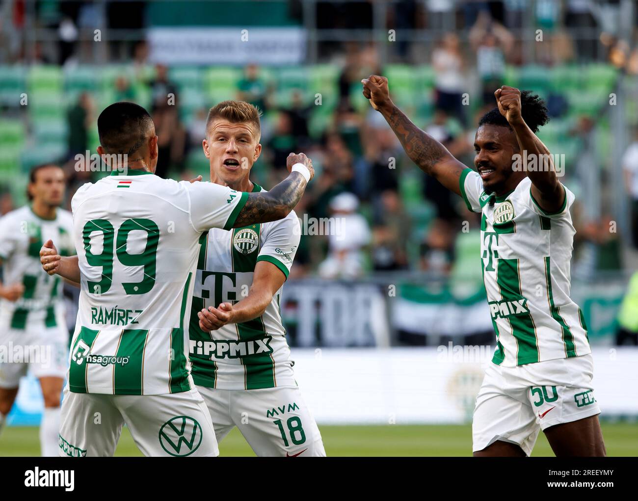 BUDAPEST, HUNGARY - APRIL 2: Krisztian Lisztes of Ferencvarosi TC (l)  celebrates after scoring a goal with Kristoffer Zachariassen of Ferencvarosi  TC (l2) during the Hungarian OTP Bank Liga match between Ferencvarosi