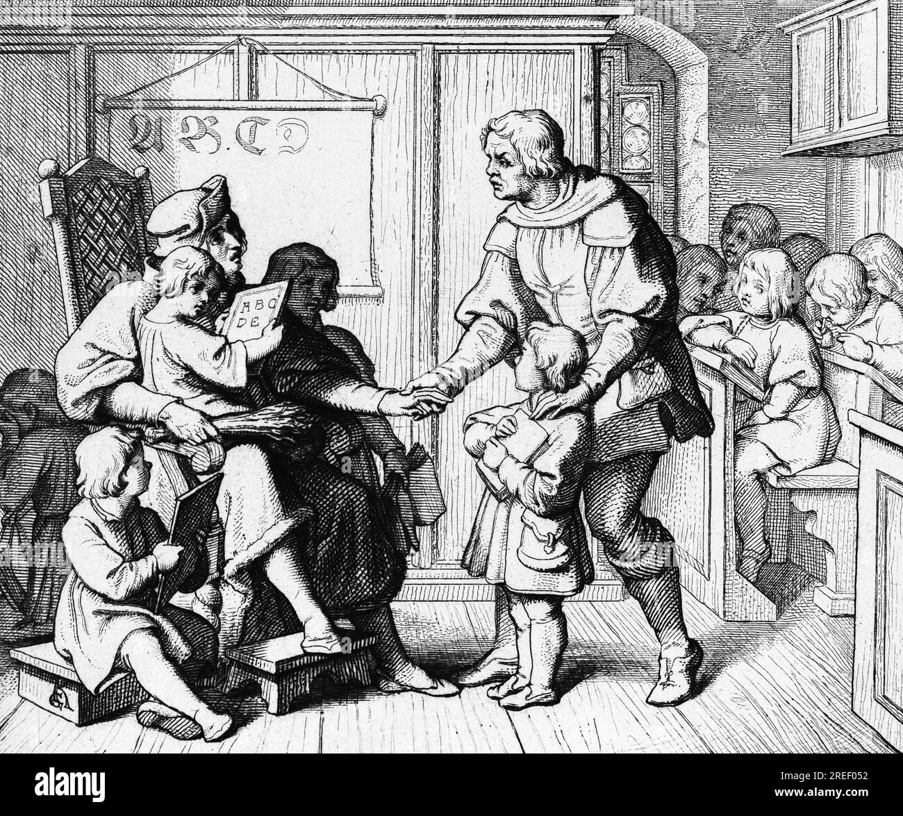 Martin Luther being led to school, Germany, room, teacher, children, school desk, sitting, father, 15th century, historical illustration c. 1860 Stock Photo