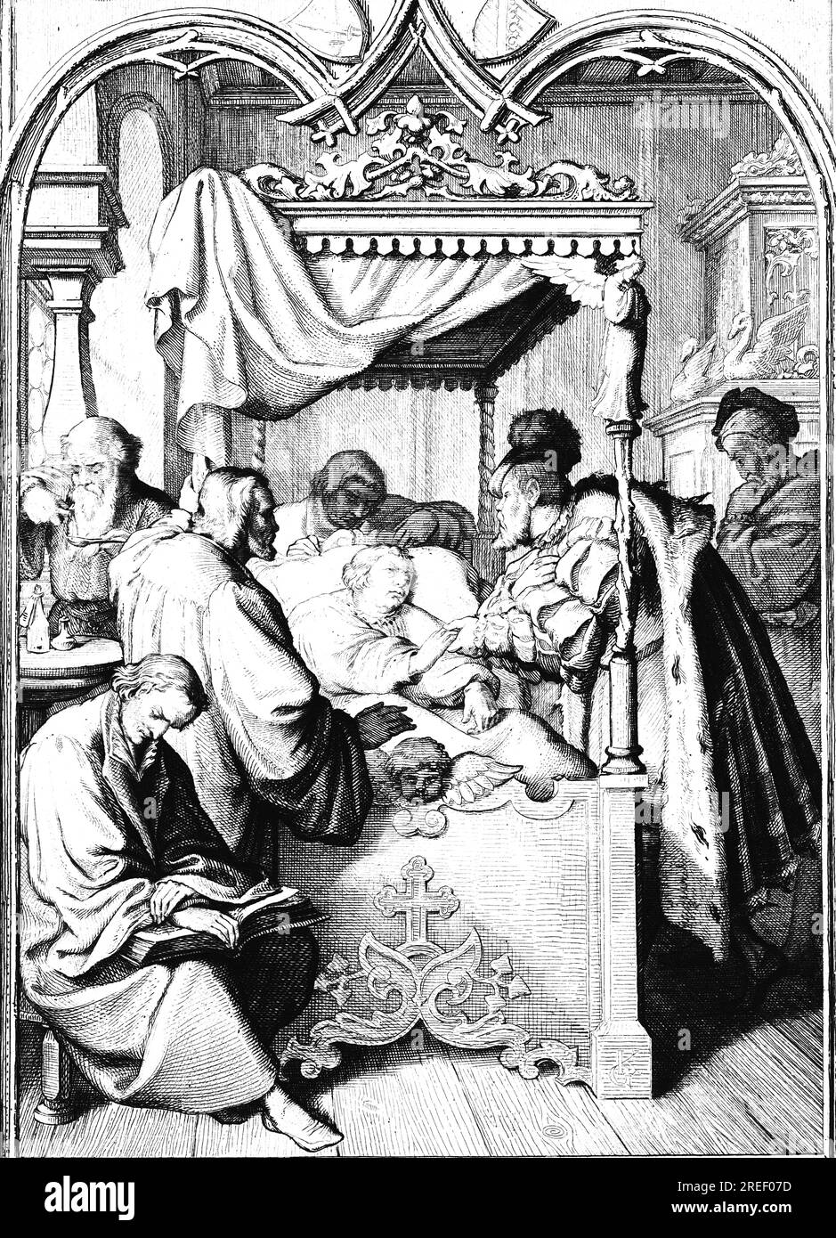 Elector Johann Friedrich of Saxony visits and comforts Martin Luther in Schmalkalden at his bedside, Duke, visit, group, illness, bed, doctor Stock Photo