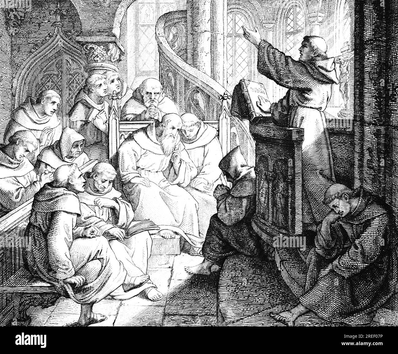 Martin Luther and the Leipzig Disputation with Eck, year 1519, argument, conversation, dispute, different opinion, church, interior, audience Stock Photo