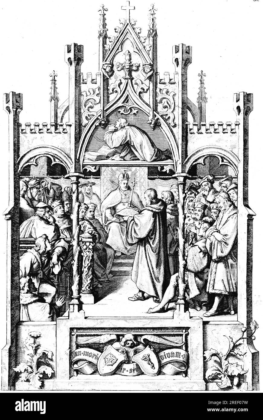 Martin Luther, handing over the Augsburg Confession in the bishop's seat, Confessio Augustana (below), praying Luther (above), Augsburg, Emperor Stock Photo