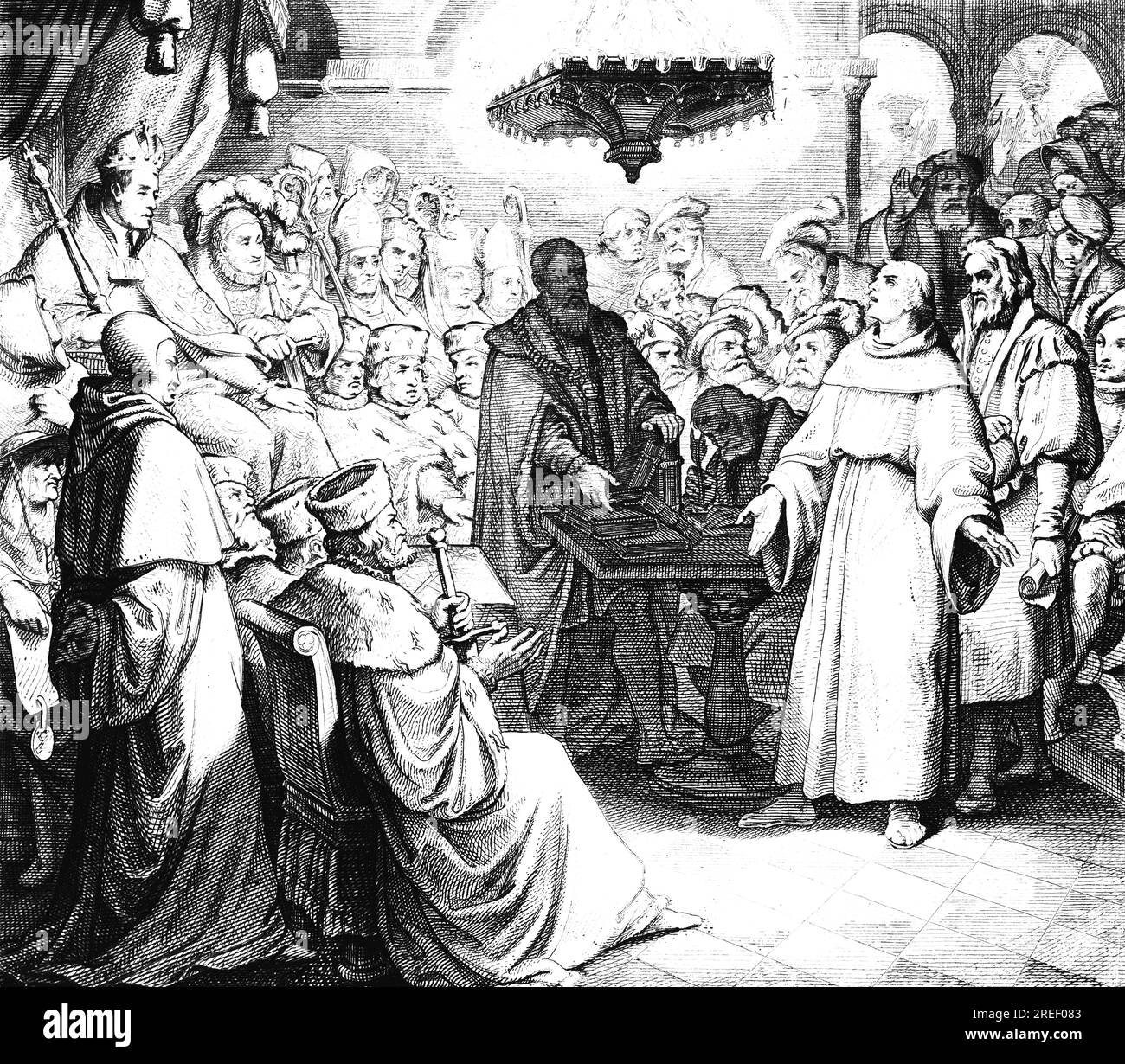 Martin Luther in front of Emperor and Empire in 1521, Emperor Charles, clergy, electors, Cardinal Aleander, papal bull, Catholicism, Protestantism Stock Photo