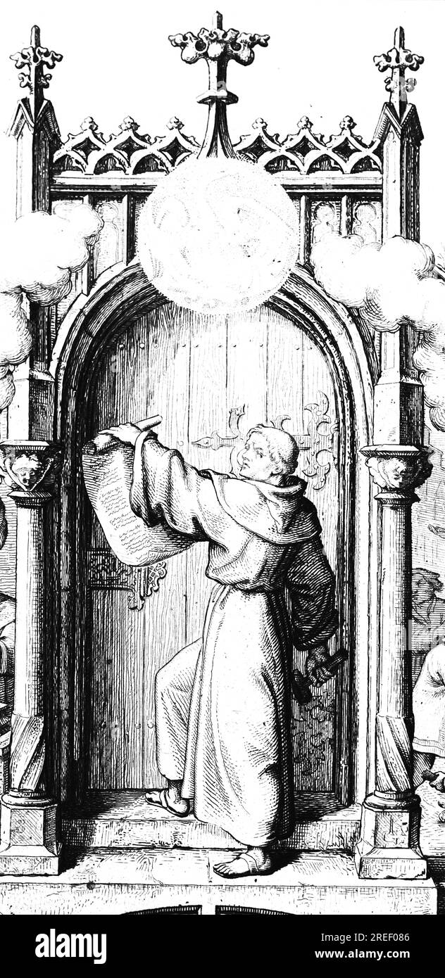 Martin Luther slams the 95 theses on the church door in Wittenberg, religion, trade in indulgences, indulgence, trade, Catholicism, Protestant, 16th Stock Photo