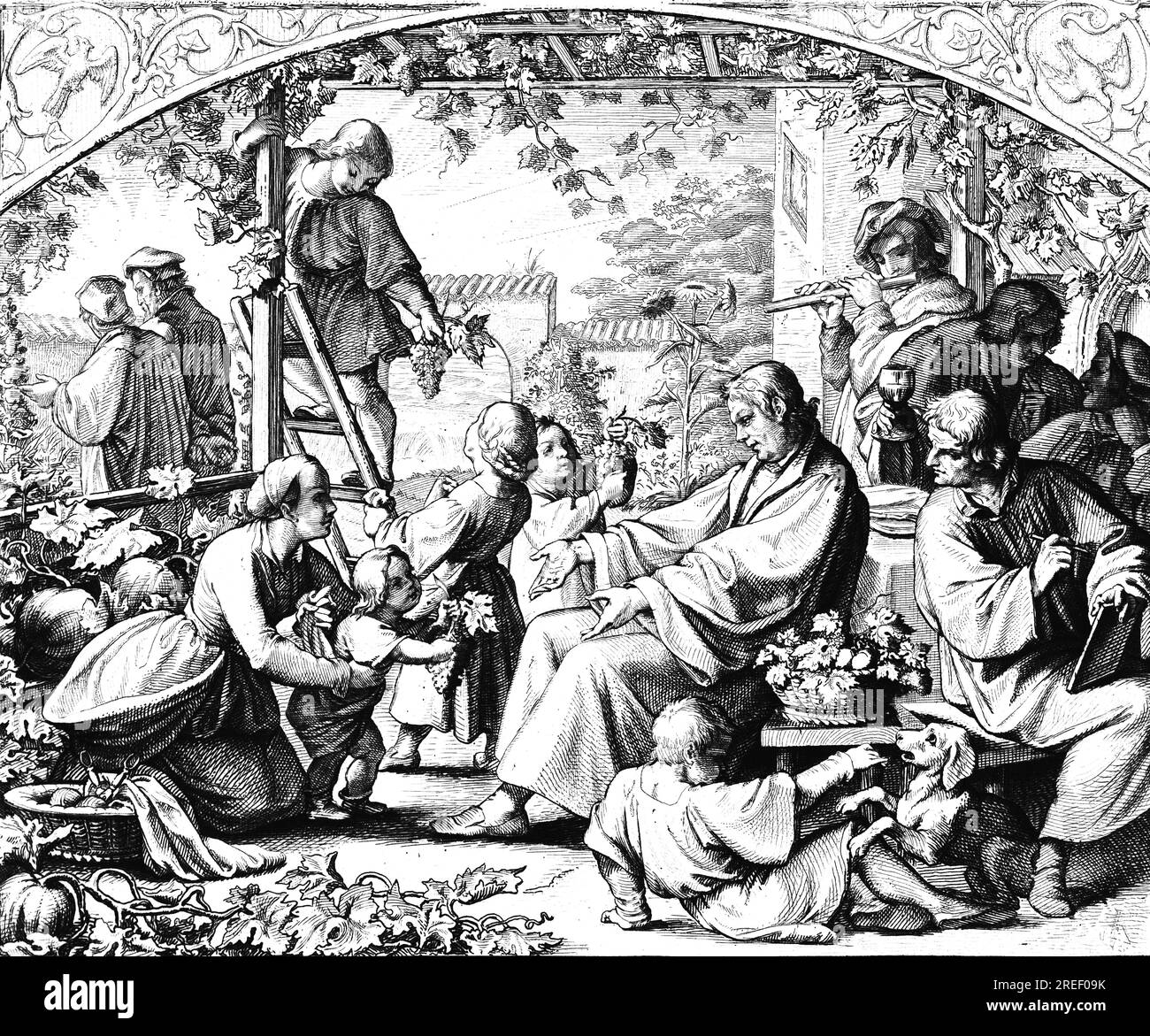 Martin Luther's summer joys in the company of his family and table companions, joy, garden, vines, children, company, friends, music, flute, dog Stock Photo