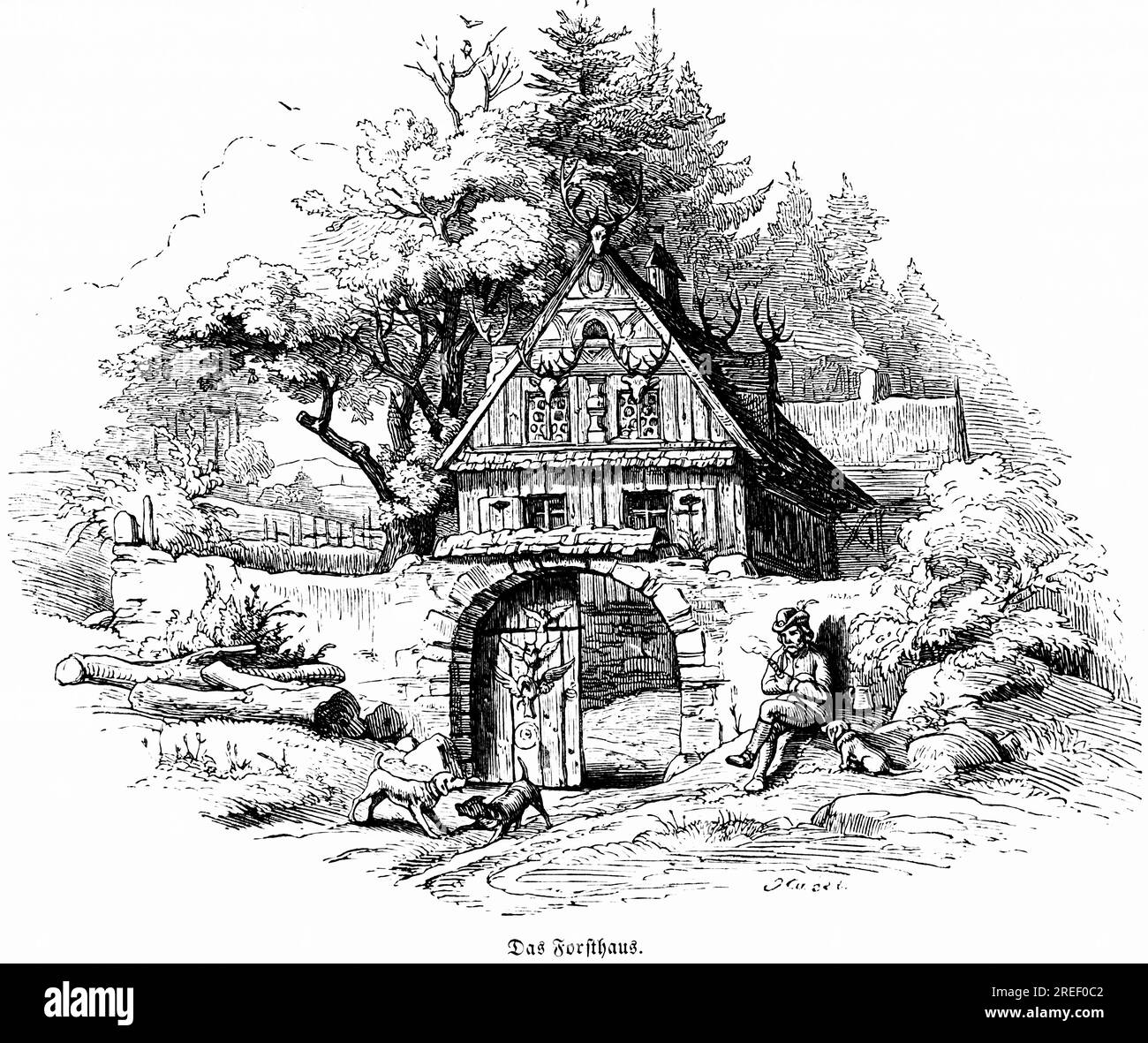 Forester's house, Hubertus hunting and hunting scenes, wild animals, old, wood, gable end, antlers, decoration, gate, driveway, forest, dogs Stock Photo