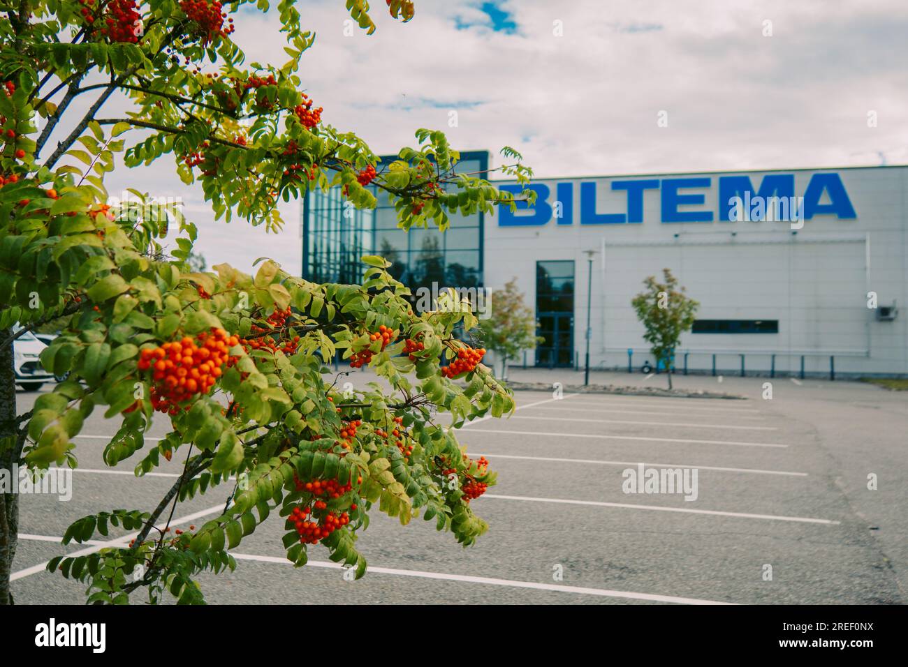 Helsinki, Finland August 22, 2022 BILTEMA store. Blue sign above