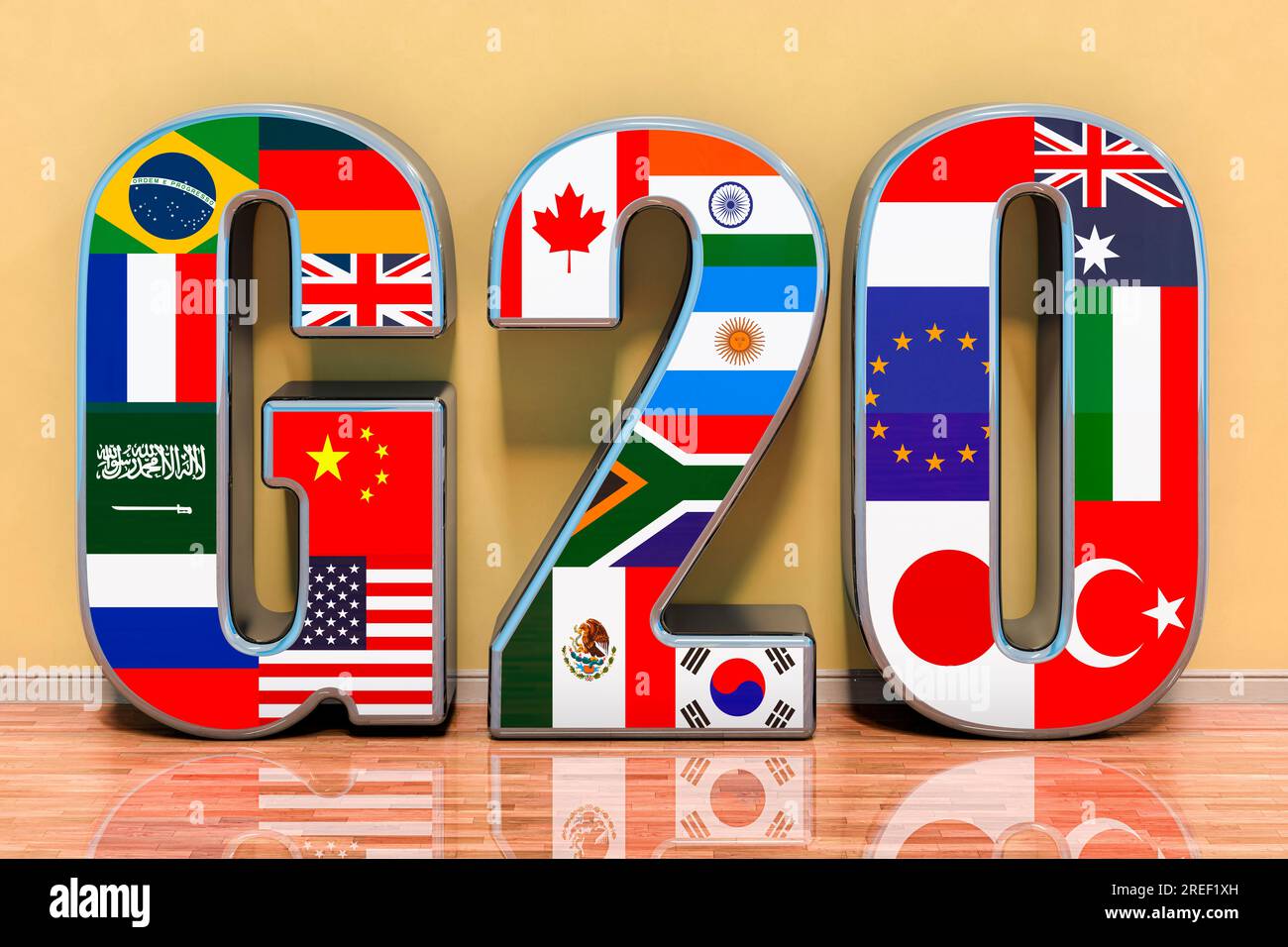 G20 meeting concept, flags of all members G20 in room. 3D rendering
