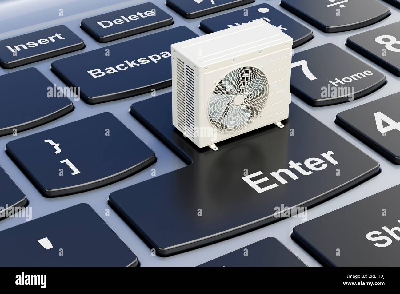 Air conditioner, outdoor compressor unit on laptop keyboard. 3D