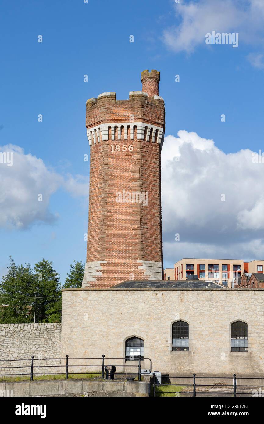 Brick hydraulic tower built in 1856 at Wapping Dock, Liverpool, Created