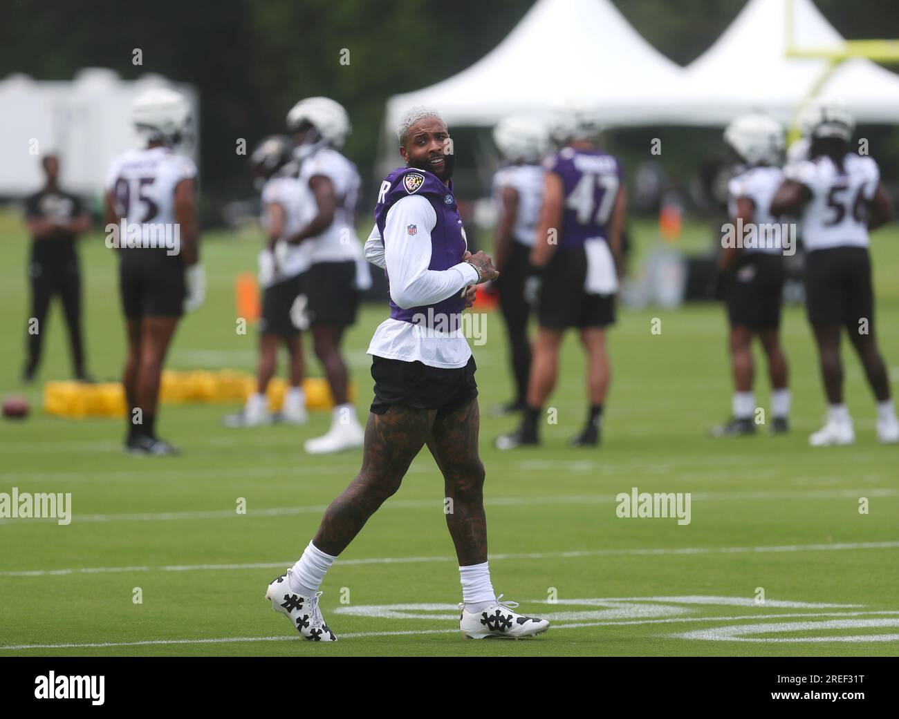 Owings Mills, USA. 27th July, 2023. July 27, 2023: Baltimore Ravens WR Devin  Duvernay (13) participates in training camp at Under Armour Performance  Center in Owings Mills, MD. Photo/ Mike Buscher/Cal Sport