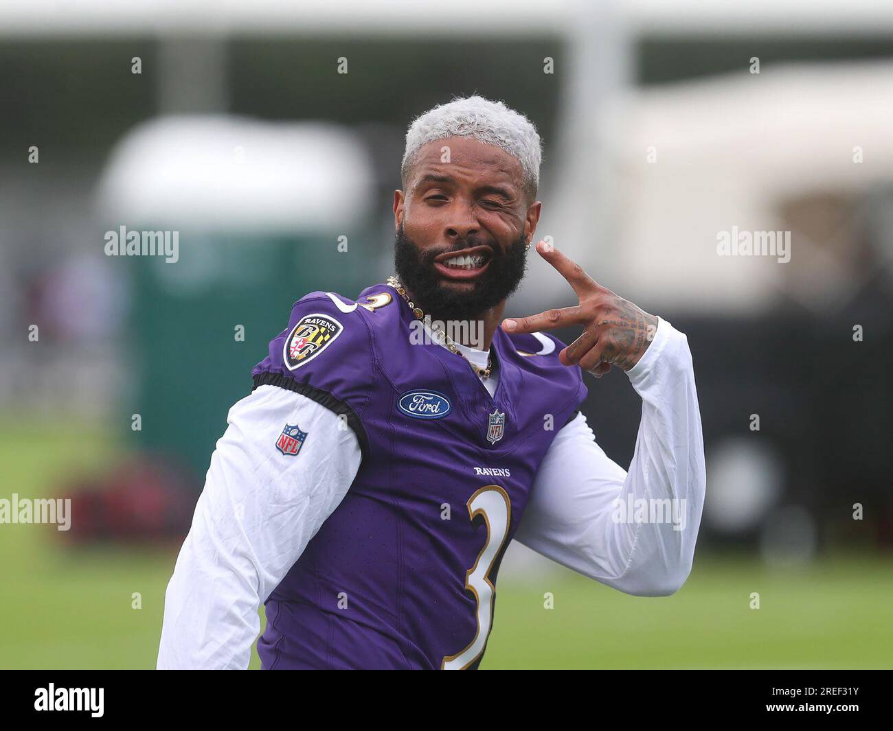 July 27, 2023: Baltimore Ravens WR Odell Beckham Jr. (3) plays to the cameras during training camp at Under Armour Performance Center in Owings Mills, MD. Photo/ Mike Buscher/Cal Sport Media Stock Photo