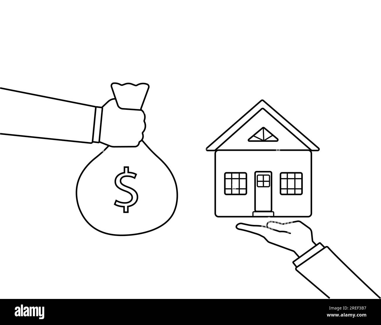 Hand of a home buyer or businessman give money bag to buying a home. Real estate property finance and business concept. Stock Photo