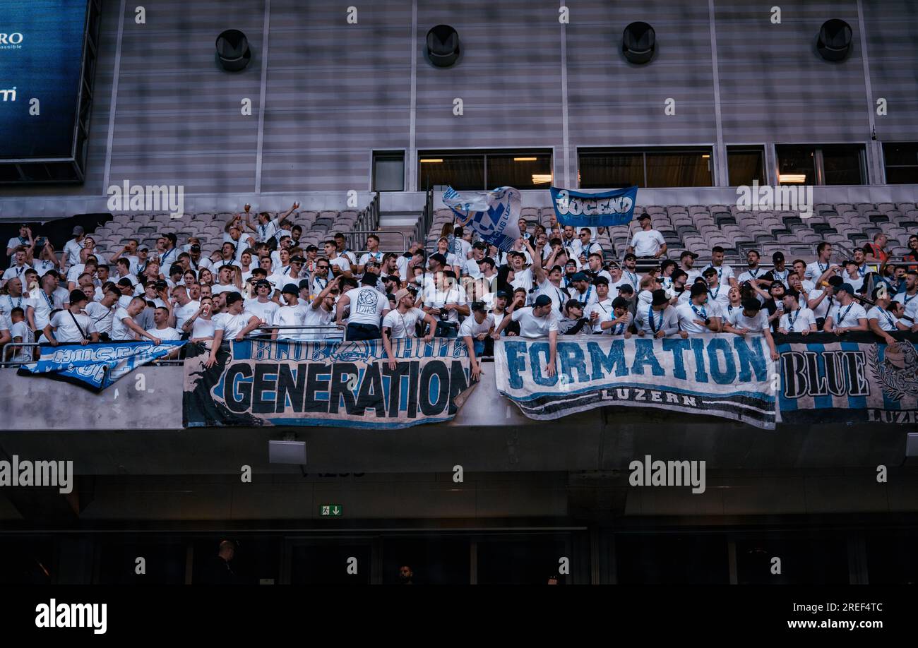 Stockholm, Tele2 Arena, Sweden. 07 27 2023 Europa Conference League qualifying match in Stockholm. Djurgården against Swiss team Luzern. Luzern won the match 2 to 1. Daniel Bengtsson / Alamy News Stock Photo