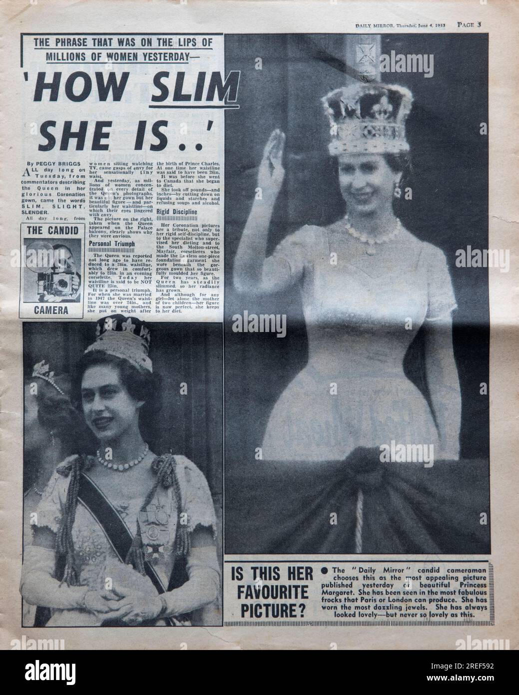 Queen Elizabeth II Coronation Special, 2nd June 1953. The Daily Mirror newspaper. front page news. Dated 3rd June 1953. An old worn used copy of a British tabloid newspaper. 1950s Britain UK. Stock Photo