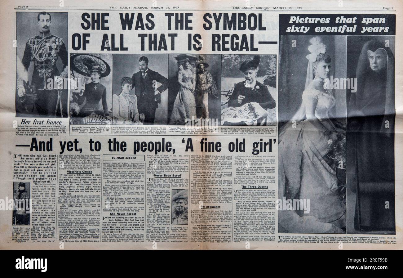 Death of Queen Mary. Front page news of the Daily Mirror newspaper. 25th March 1953. (26 May 1867 – 24 March 1953)  Inside the newspaper a double page spread. An old worn copy of the newspaper from the 1950s. Mary of Teck wife of George V. Stock Photo