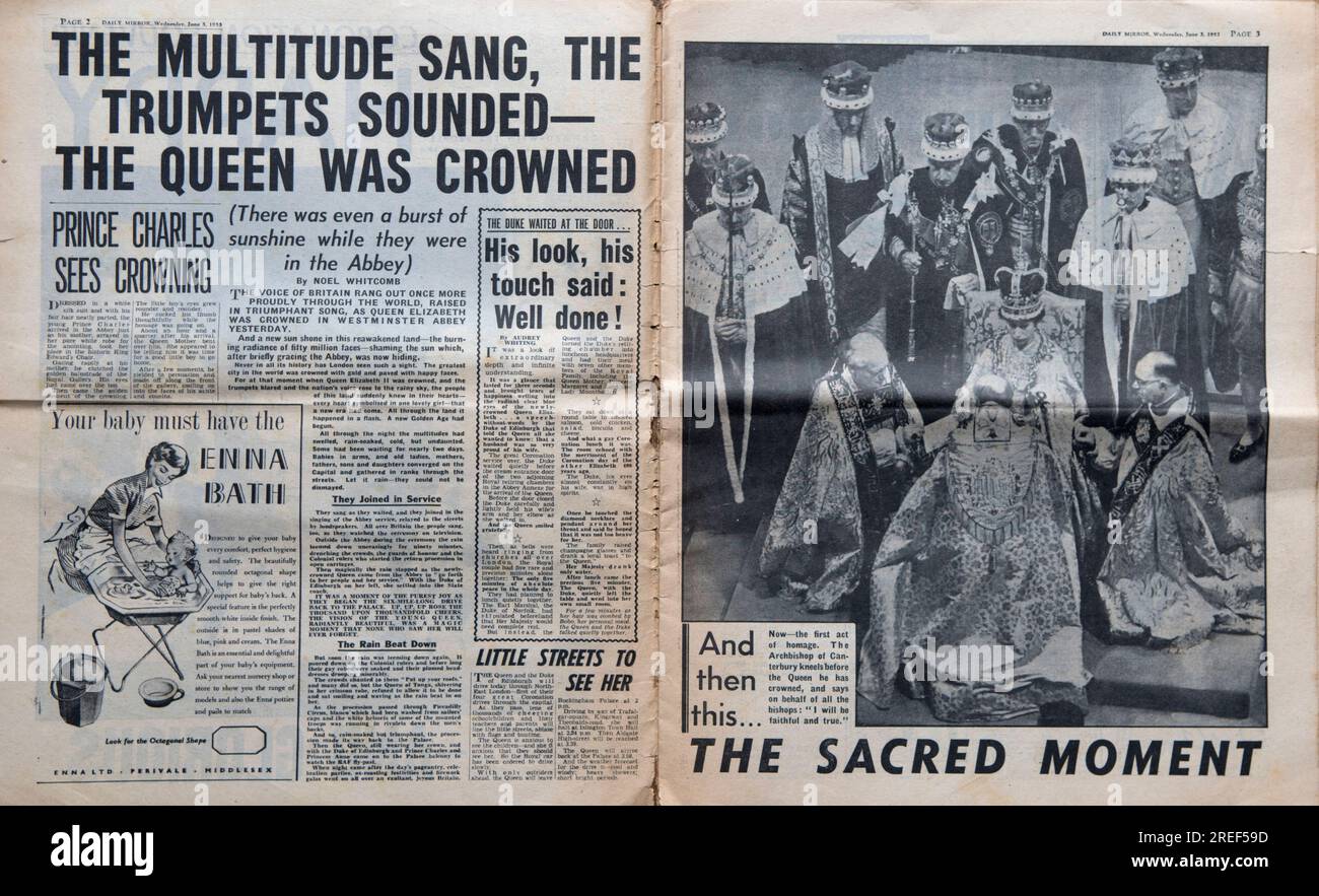 Queen Elizabeth II Coronation Special, 2nd June 1953. The Daily Mirror newspaper. front page news. Dated 3rd June 1953. An old worn used copy of a British tabloid newspaper. 1950s Britain UK. Stock Photo