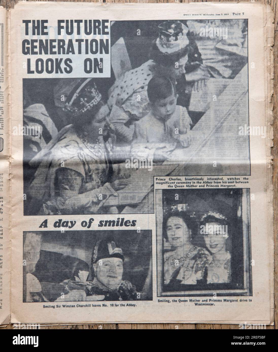 Queen Elizabeth II Coronation Special, 2nd June 1953. The Daily Mirror newspaper. Front page news. Dated 3rd June 1953. An old worn used copy of a British tabloid newspaper. 1950s Britain UK. Stock Photo