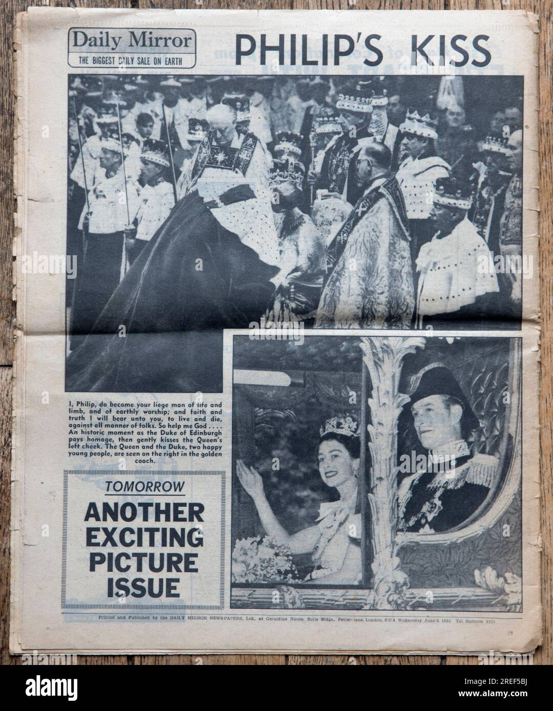 Queen Elizabeth II Coronation Special, 2nd June 1953. The Daily Mirror newspaper. Front page news. Dated 3rd June 1953. An old worn used copy of a British tabloid newspaper. 1950s Britain UK. Stock Photo