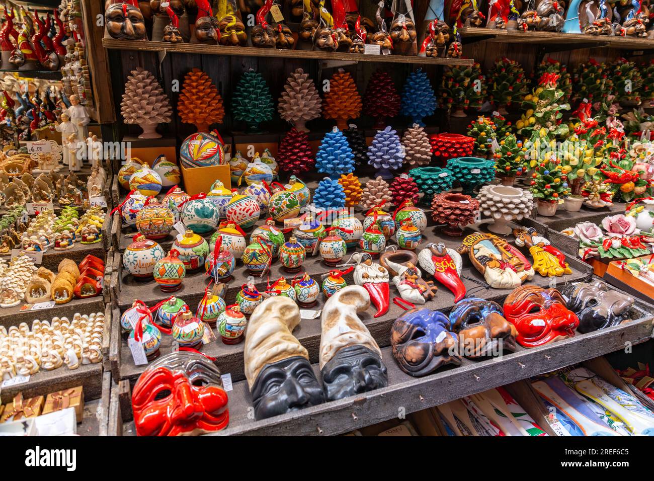 Naples, Italy - April 10, 2022: Touristic souvenir items of Naples city sold at Via dei Tribunali street in the old historic center of Naples, Campani Stock Photo