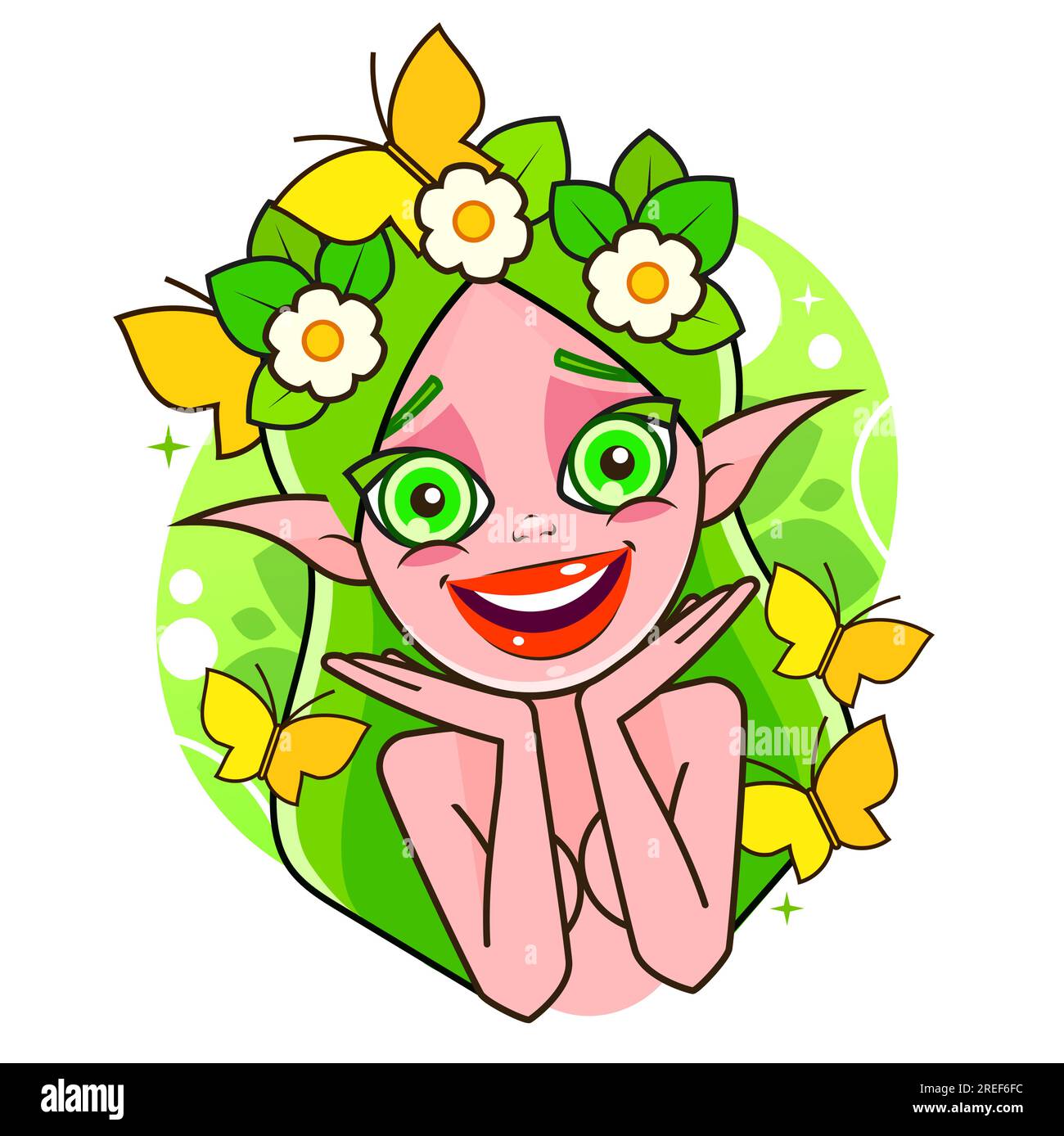 Hand drawn beautiful cute little fairy girl with wings and flowers