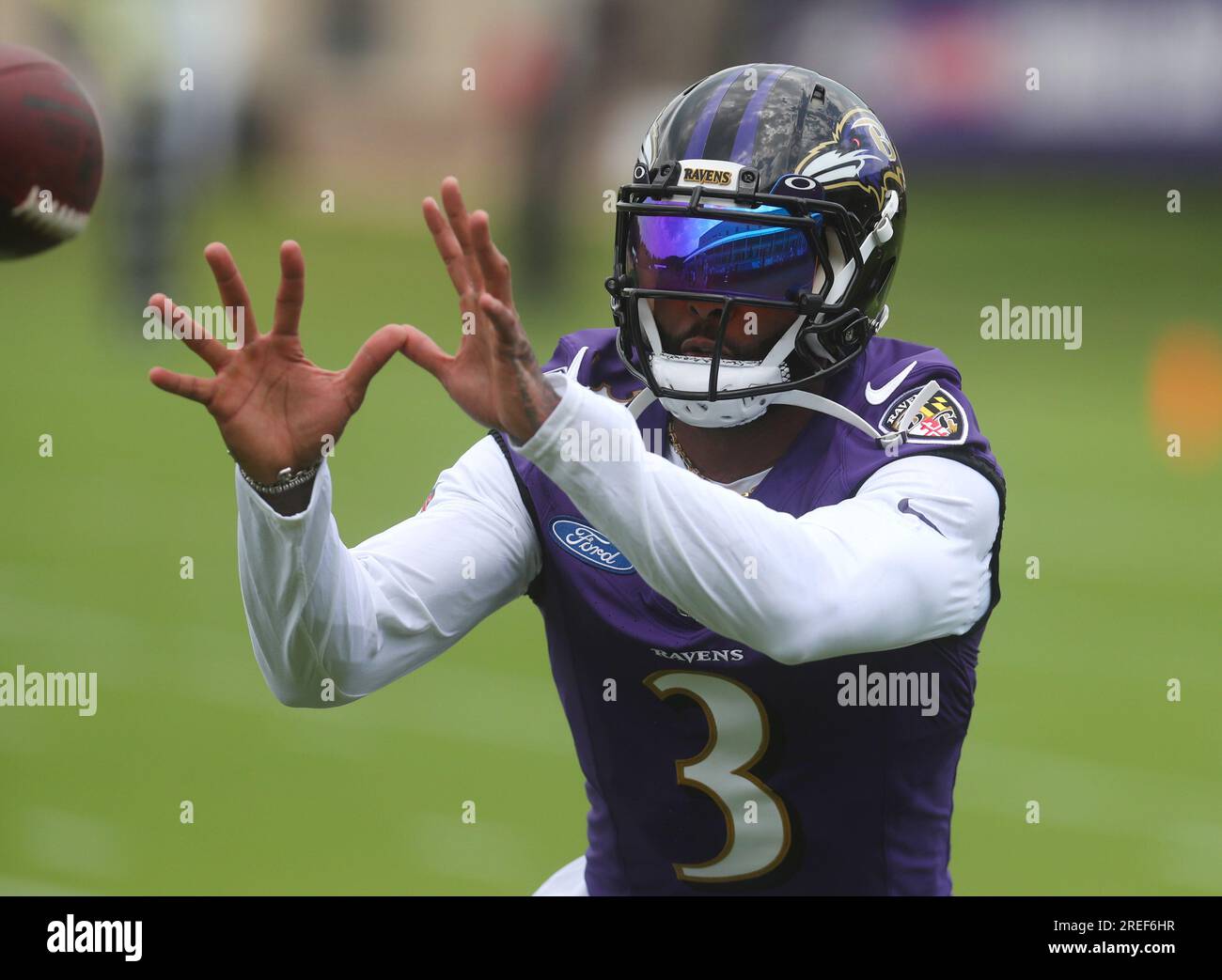 July 27, 2023: Baltimore Ravens WR Shemar Bridges (85) participates in  training camp at Under Armour Performance Center in Owings Mills, MD.  Photo/ Mike Buscher / Cal Sport Media (Credit Image: ©