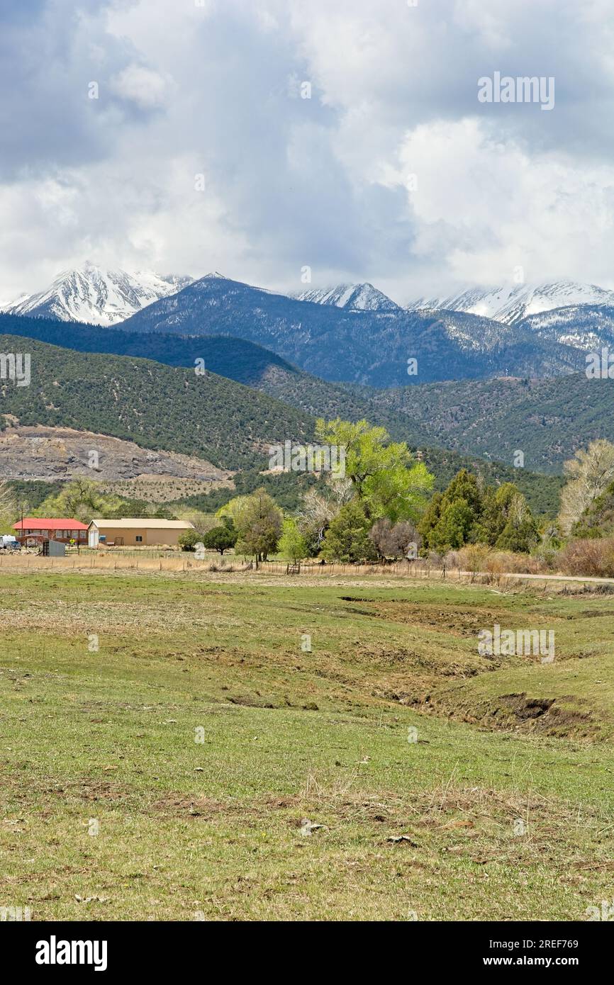 Pasture land and barn in foothills of Sangre de Cristo mountains