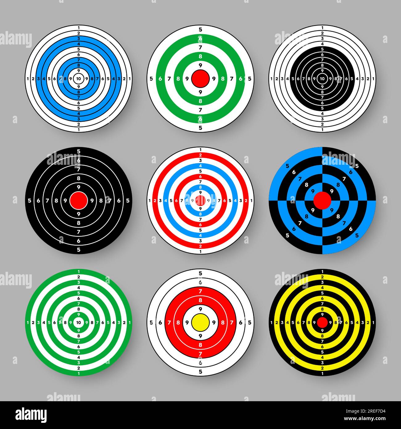 Shooting range paper targets. Round target with divisions, marks and numbers. Archery, gun shooting practise and training, sport competition and Stock Vector