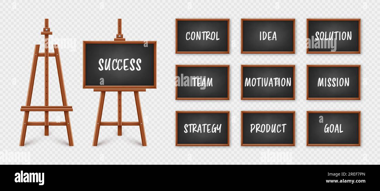 Black chalkboard on wooden easel. Blackboard in wooden frame on a tripod. Presentation board with text, writing or drawing surface. Leadership and Stock Vector