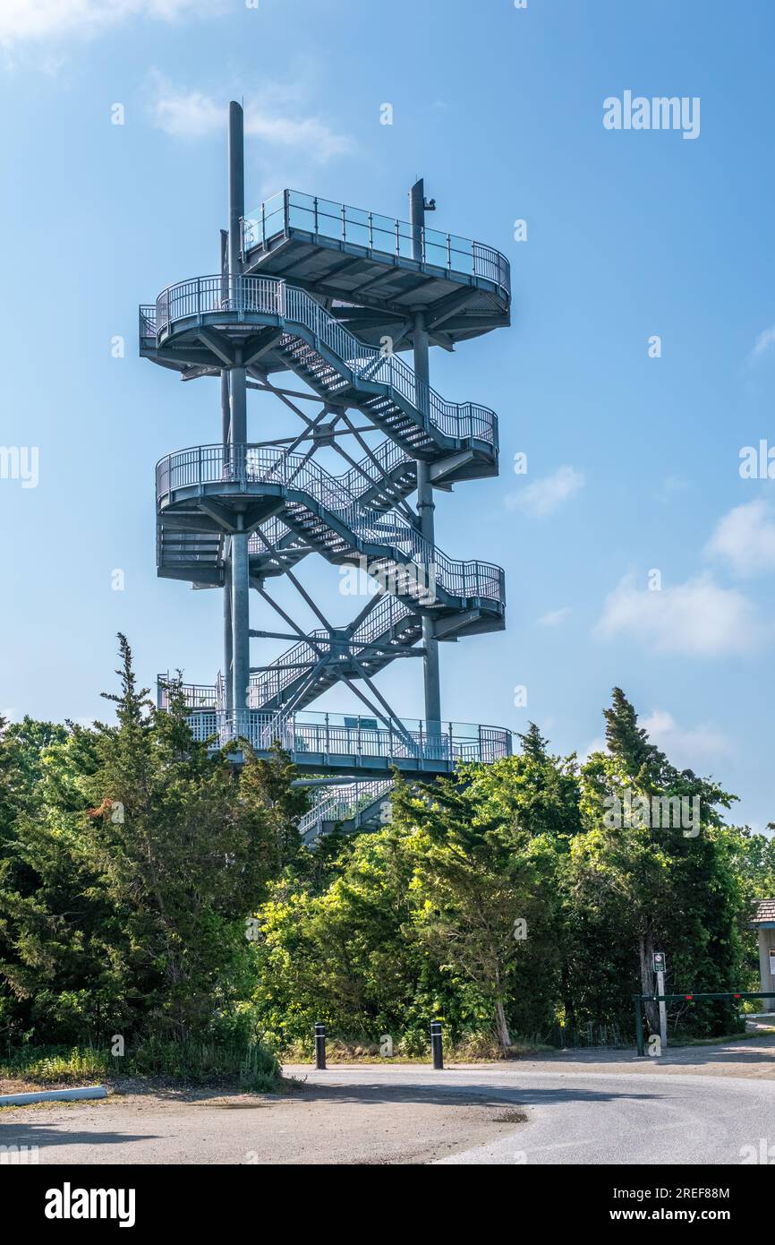 A tall viewing platform near the Tip at Point Pelee National Park allows visitors a panoramic view of the park from a high vantage point. Stock Photo