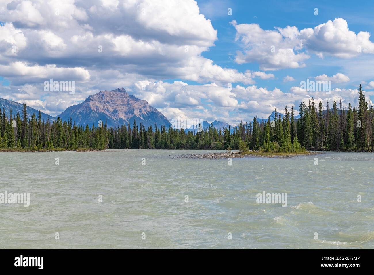 Athabasca river landscape during rafting trip, Jasper national park, Canada. Stock Photo