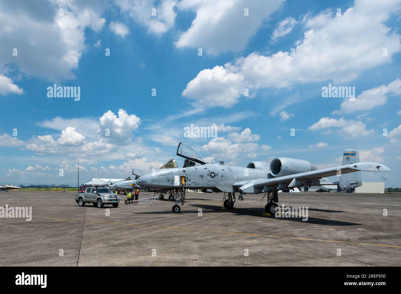 An A-10C Thunderbolt II sits on the flightline in support of  Cope Thunder 23-2 operations at Clark Air Base, Philippines, July 7, 2023. Cope Thunder 23-2 was an exercise with the goal to improve regional security and protect a free and open Indo-Pacific. (U.S. Air Force photo by Senior Airman Vaughn Weber) Stock Photo